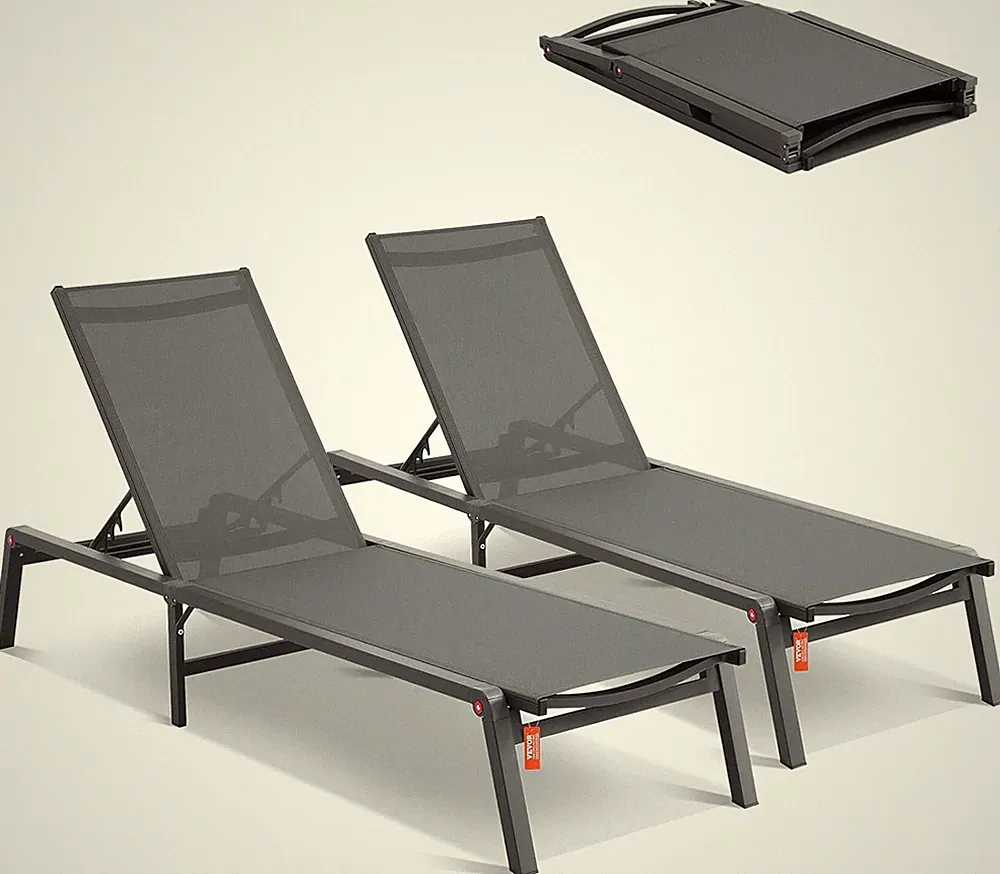 Adjustable Folding Chaise Lounge Chairs - 2 Pcs Outdoor Recliners, Grey