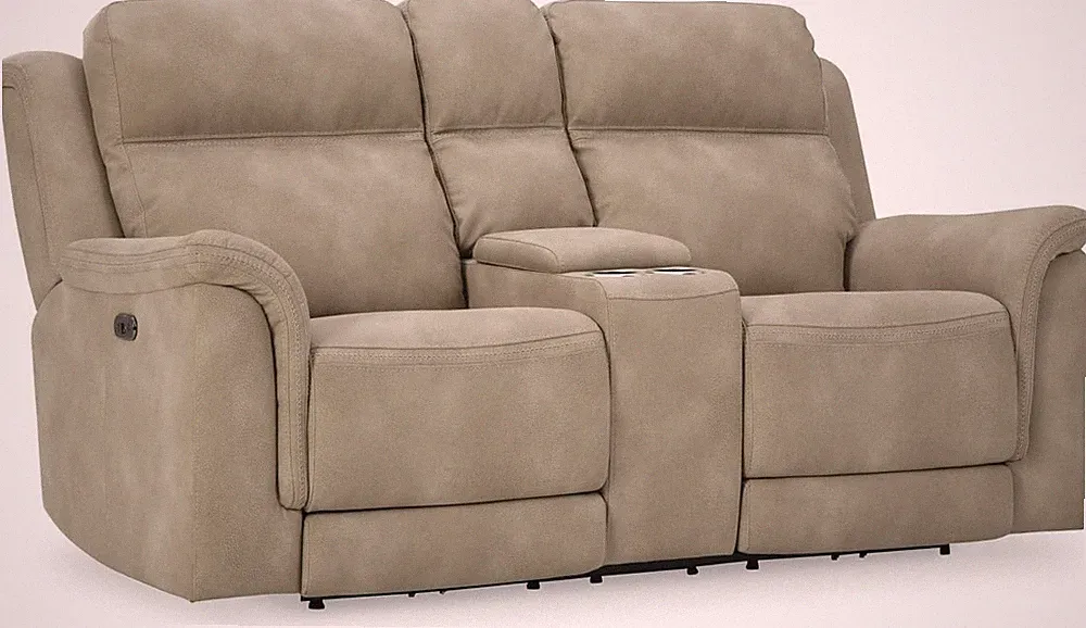 Beige Power Reclining Loveseat with Console & Adjustable Headrest