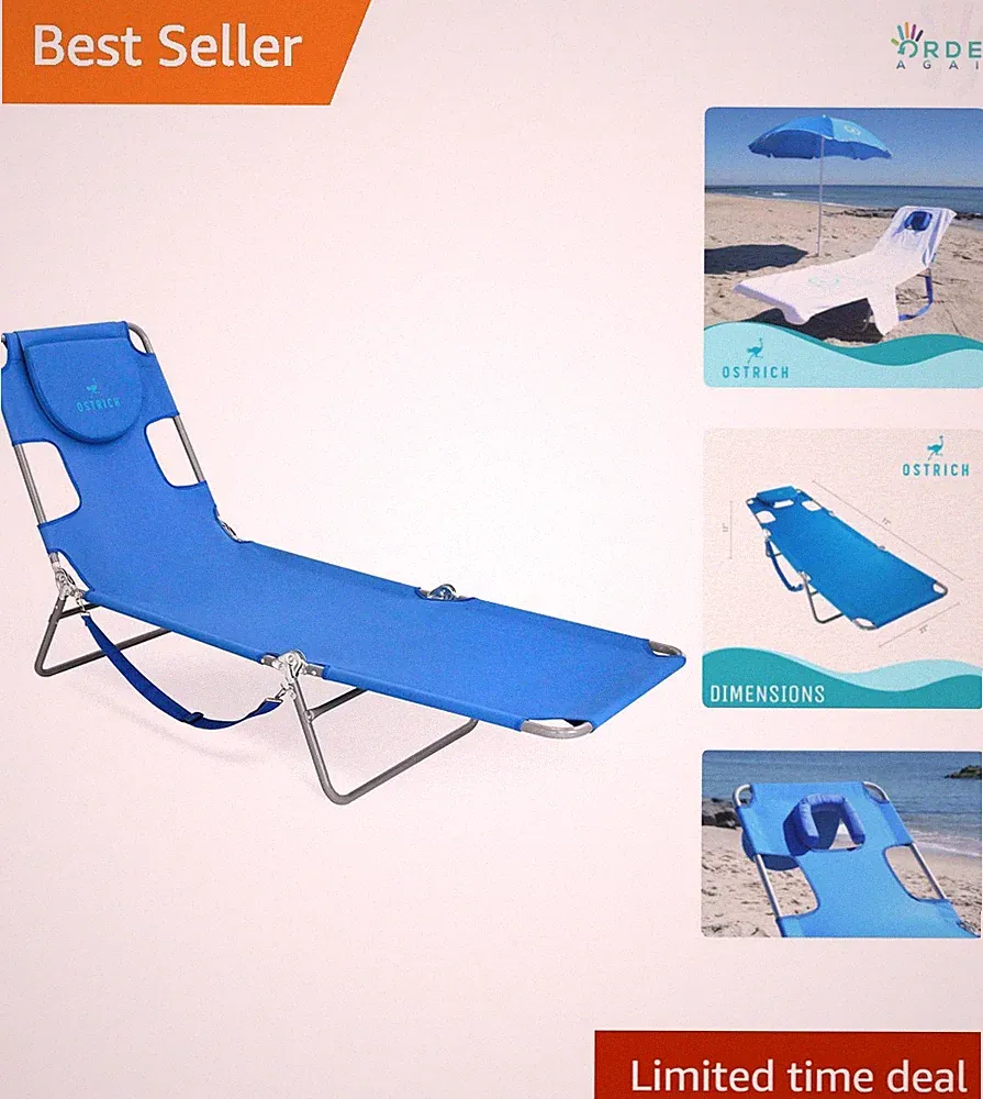 Folding Beach Lounge Chair Polyester Reclining Outdoor Chaise with Pillows