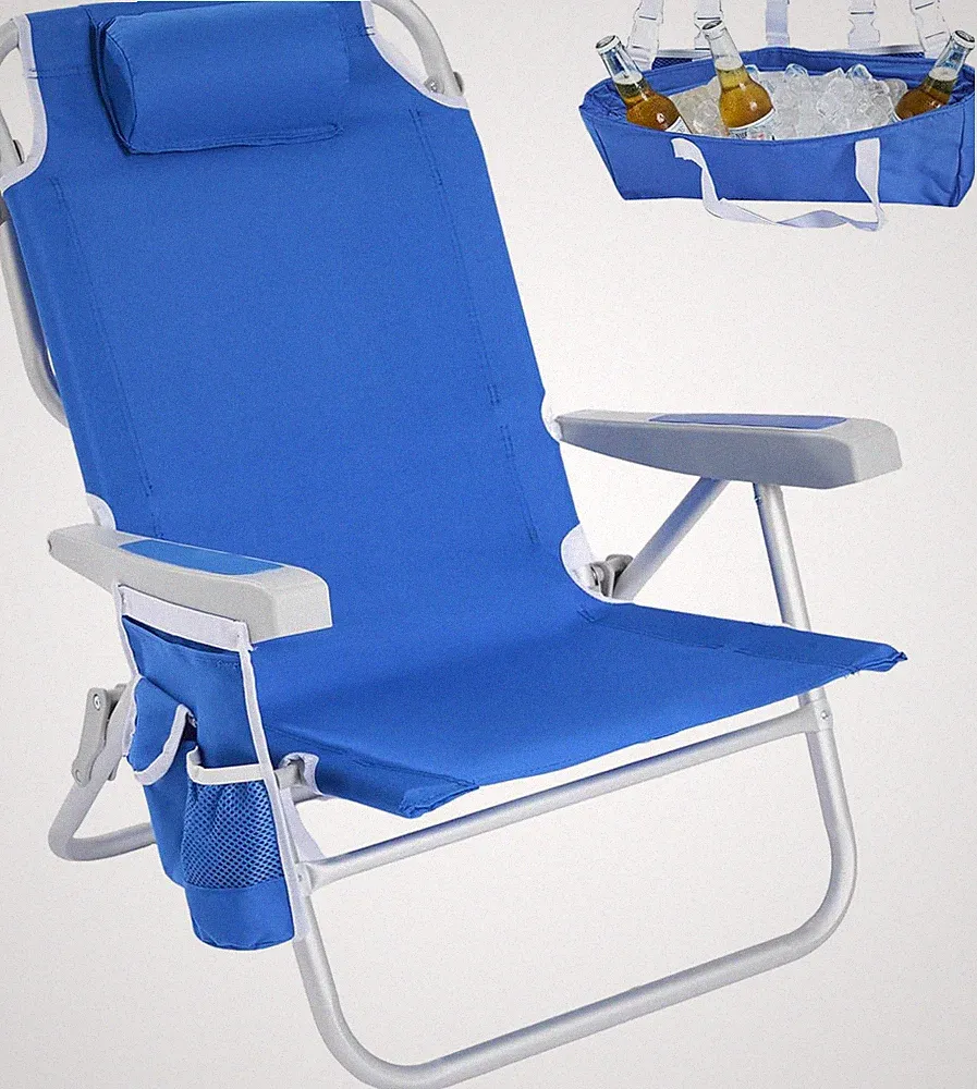 Low Beach Chair, 5-Position Lay Flat Reclining, Backpack Portable Folding Chair