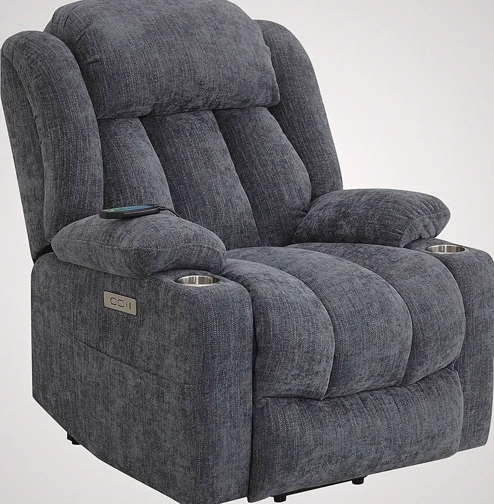 Omarion Blue Velvet Power Recliner with Lift, Heat & Massage Features